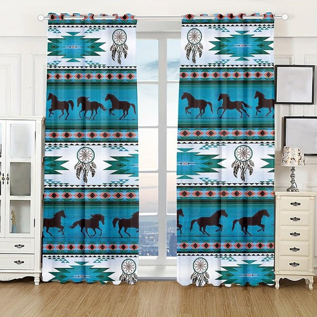 2er-Set Thermisch isolierte Vorhänge im Boho-Azteken-Stil mit Grafikmuster, halbtransparent, Mehrfarbig, Breite: 100 cm, Höhe: 130 cm - Bild 1