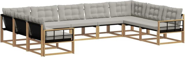 vidaXL Outdoor-Sofagarnitur 9-tlg. aus Akazienholz mit Textilene und Kissen in Weiß-Hellgrau - Bild 1