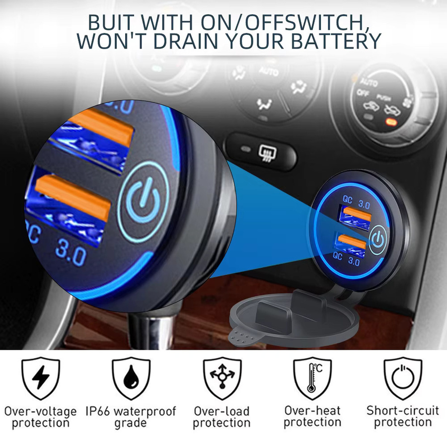 kebidumei Dual QC 3.0 Auto Ladegerät Buchse mit USB-C, Wasserdicht, Schwarz, 12/24V für Auto, Motorrad und Boot - Bild 2