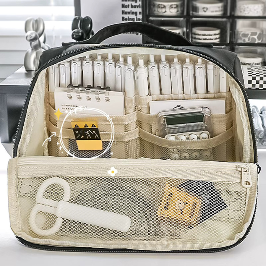Minimalistisches Federmäppchen im japanischen Stil für Schule und Büro, Schwarz, Textil - Bild 2
