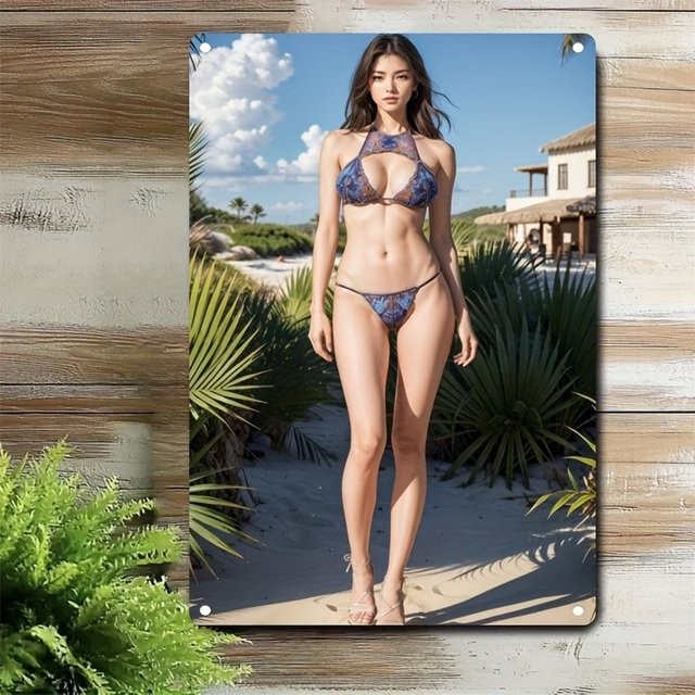 HELLOYOUNG Metall-Wandschild Tropischer Strand mit Bikini-Modell, Mehrfarbig, B/H: 30,0 x 20,0 cm - Bild 1