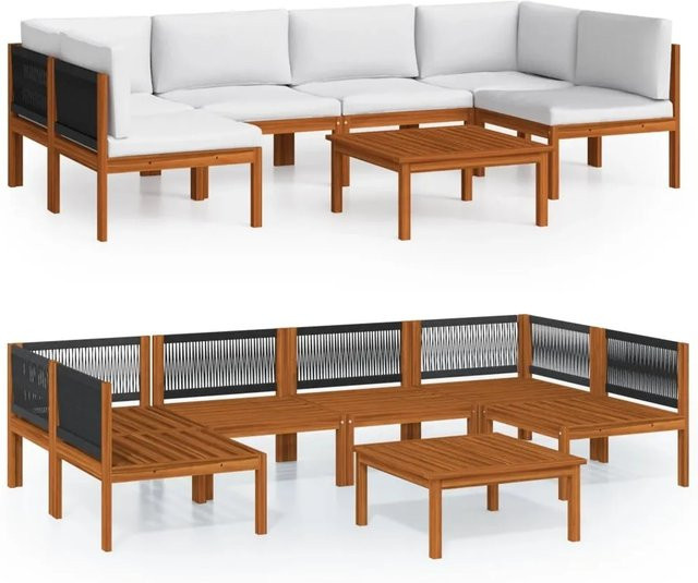 vidaXL 7-teiliges Garten-Lounge-Set aus Akazienholz und Seil mit Kissen in Beige und Weiß - Bild 1