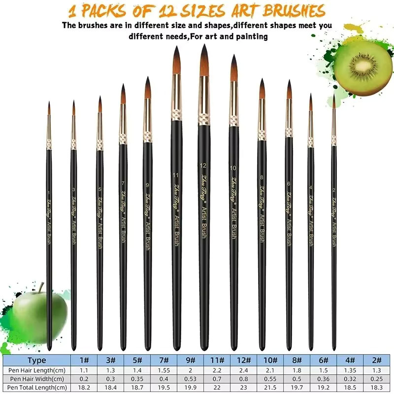12er Set Professionelle Künstlerpinsel mit runder Spitze aus schwarzem Nylon für Aquarell, Acryl und Ölfarben - Bild 2