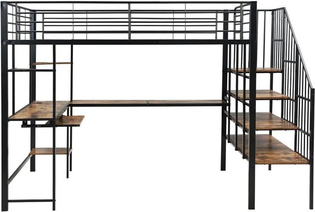 KOMHTOM Hochbett aus Eisen und MDF mit Schreibtisch, Ecktreppe und USB-Ladeöffnung, Schwarz und Grau, B/T/H: 200 x 120 x 251,5 cm - Bild 1