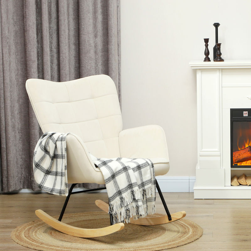 HOMCOM Schaukelstuhl mit Samtoptik und Armlehnen in Beige mit Holzkufen - Bild 2
