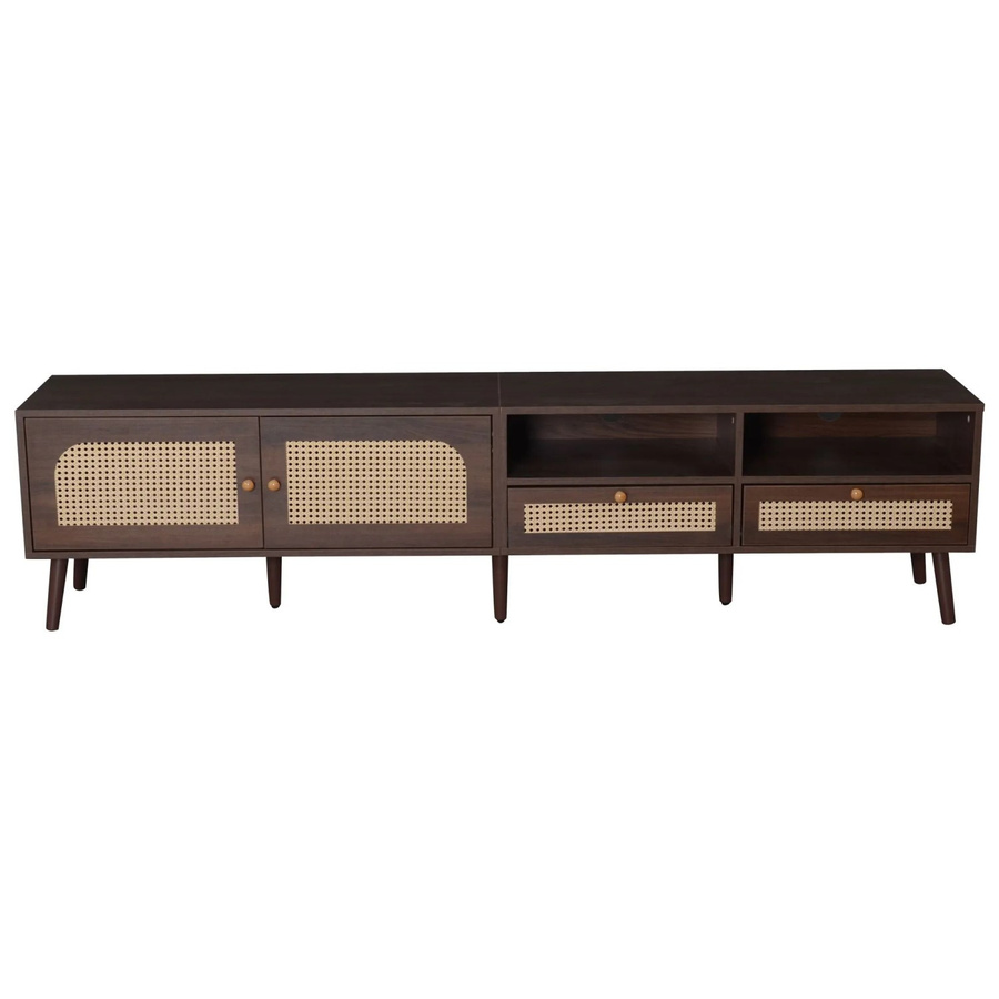 okwish TV Schrank im Mid-Century Design mit Rattan Türen und Schubladen in Braun, B/T/H: 200 x 37 x 49,5 cm - Bild 2