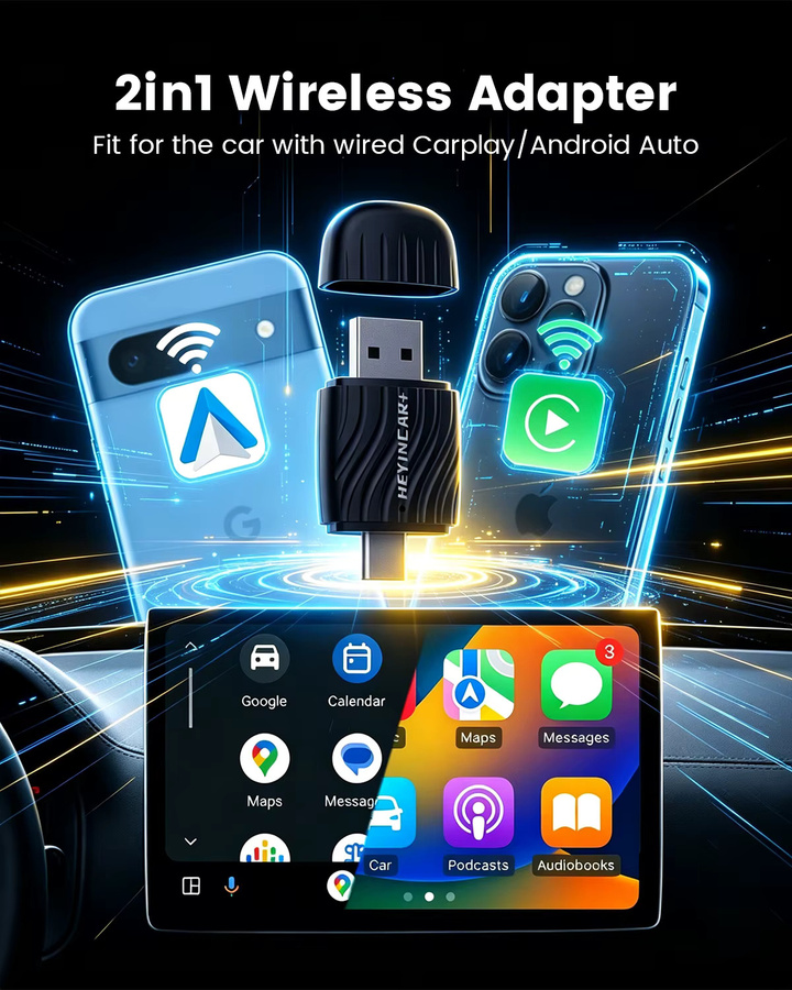 HEYINCAR Kabelloser CarPlay und Android Auto Adapter in Schwarz – Plug & Play Dongle für Apple und Android zur Umwandlung von kabelgebunden auf kabellos - Bild 2