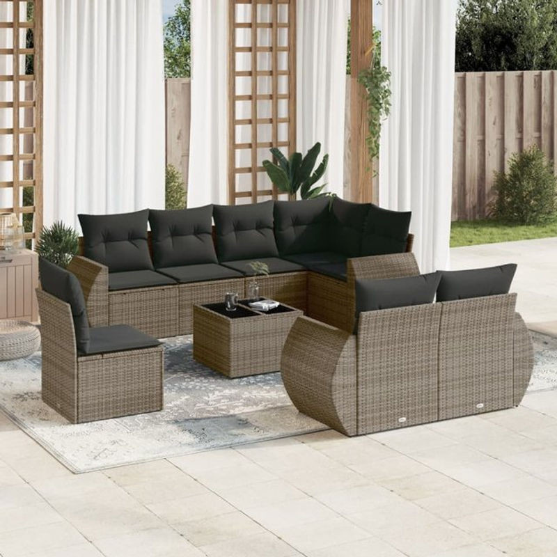 Vidaxl Gartenmöbel-Set aus Polyrattan mit Kissen, 9-teilig, Grau - Bild 1