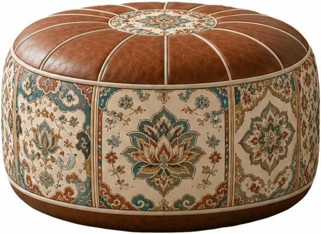 Aufbewahrungshocker mit Boho-Muster aus PU-Leder in Beige, zylindrischer Pouf für das Wohnzimmer, Höhe: 35 cm - Bild 1