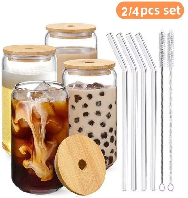 TCJJ Bubble Tea Glasbecher mit Bambusdeckel und Strohhalm, transparent, 400 ml - Bild 1