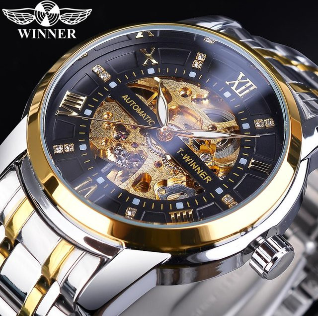 Winner Armbanduhr Automatik, Edelstahl, Gold, Schwarz, Diamant, Herren - Bild 1