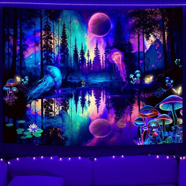 VIKAMA Wandteppich mit psychedelischem Wald, Pilzen und Quallen in Multicolour, B/H: 60 x 40 cm - Bild 1