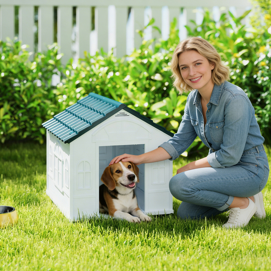 PawHut Hundehütte mit Satteldach in Blau, wetterfestes Hundehaus für mittelgroße Hunde von Aosom, B/T/H: 65 x 75,7 x 63 cm - Bild 2