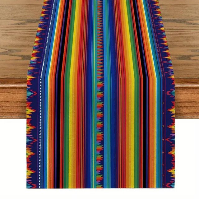 JINGYUE Pet Tischläufer aus Leinen im mexikanischen Stil mit bunten geometrischen Streifen, B/H: 150 x 33 cm - Bild 1
