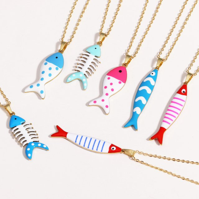 YUYAN Halskette, Emaille Fisch Anhänger, Edelstahl, Gold, Damen - Bild 1