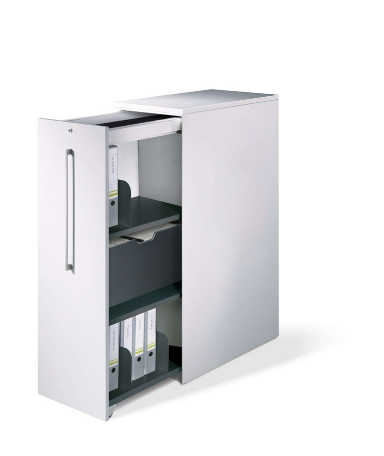 BIGBOXX Hochauszugsschrank in Weiß mit mattem Metallgehäuse und Scharniertüren für dein Home-Office - Bild 1