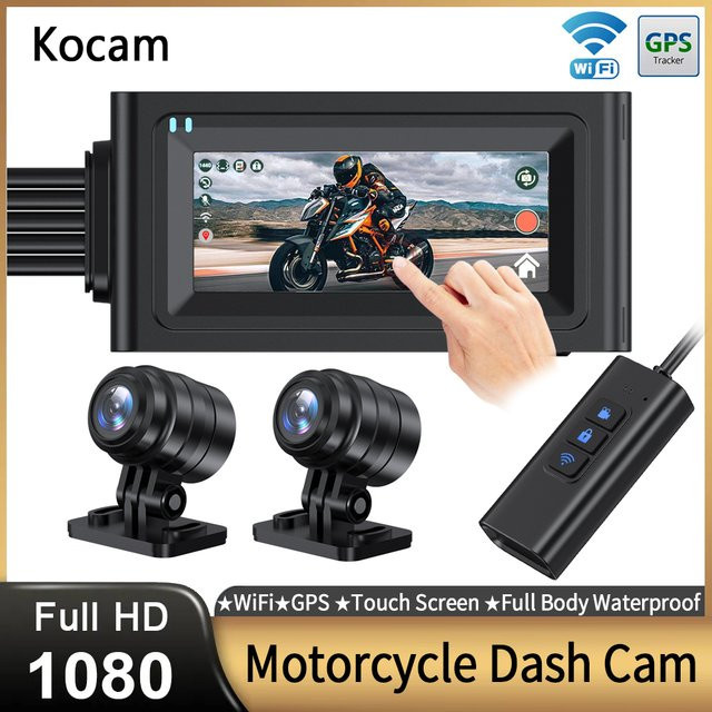 Motorrad Dash Cam Recorder mit Touchscreen, WiFi, GPS und Doppel-Objektiv in Full HD 1080p, wasserdicht, Schwarz - Bild 1