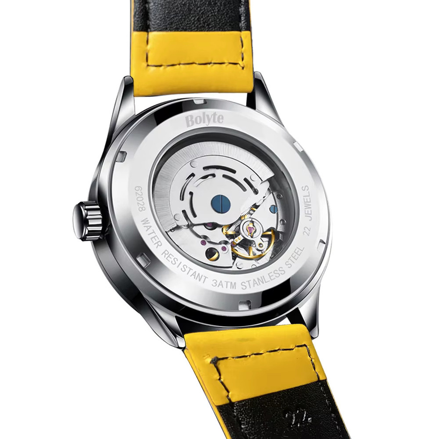 Bolyte Armbanduhr Automatik, Leder, gelbes Zifferblatt, Datum, Herren - Bild 4