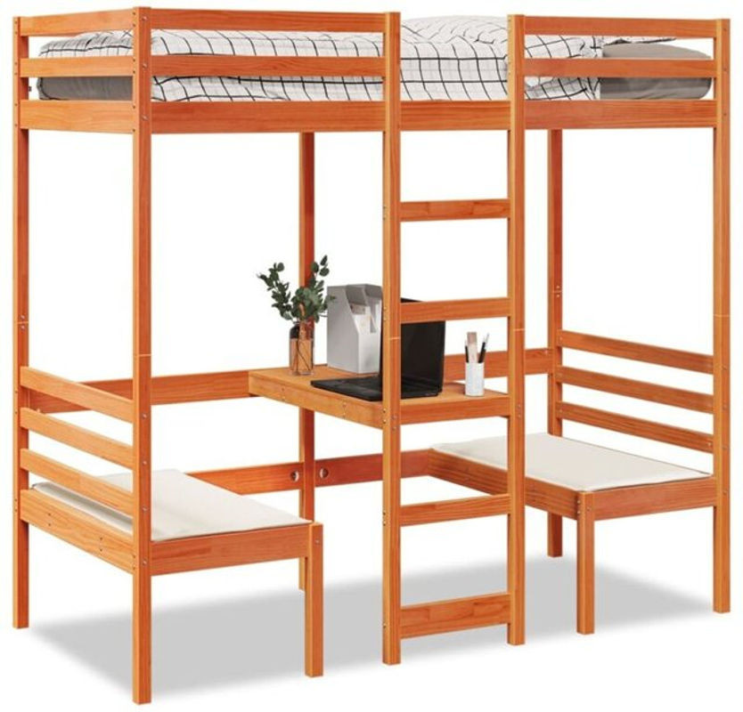 Vidaxl Hochbett aus Kiefer Massivholz mit Schreibtisch und Stühlen in Braun, B/T/H: 190 x 90 cm - Bild 1