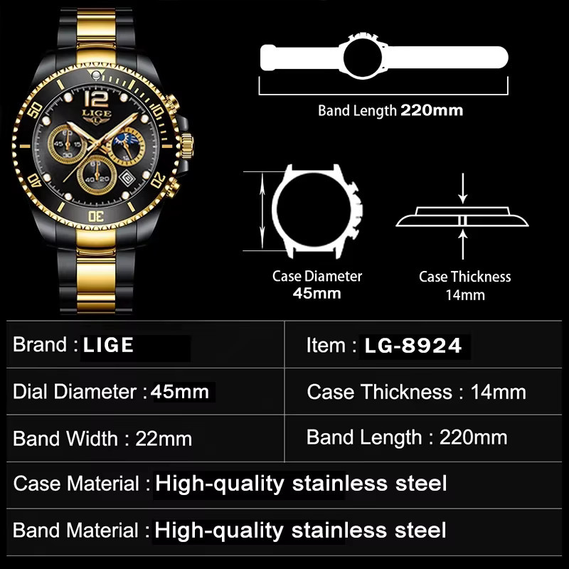 LIGE Armbanduhr Chronograph, Edelstahl, Schwarz, Quarz, Herren - Bild 6