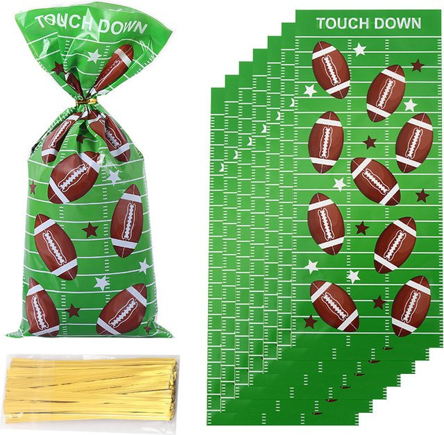 50 Stück Rugby Geschenkbeutel aus Kunststoff in Grün für Süßigkeiten und Popcorn mit Kordelzug - Bild 1