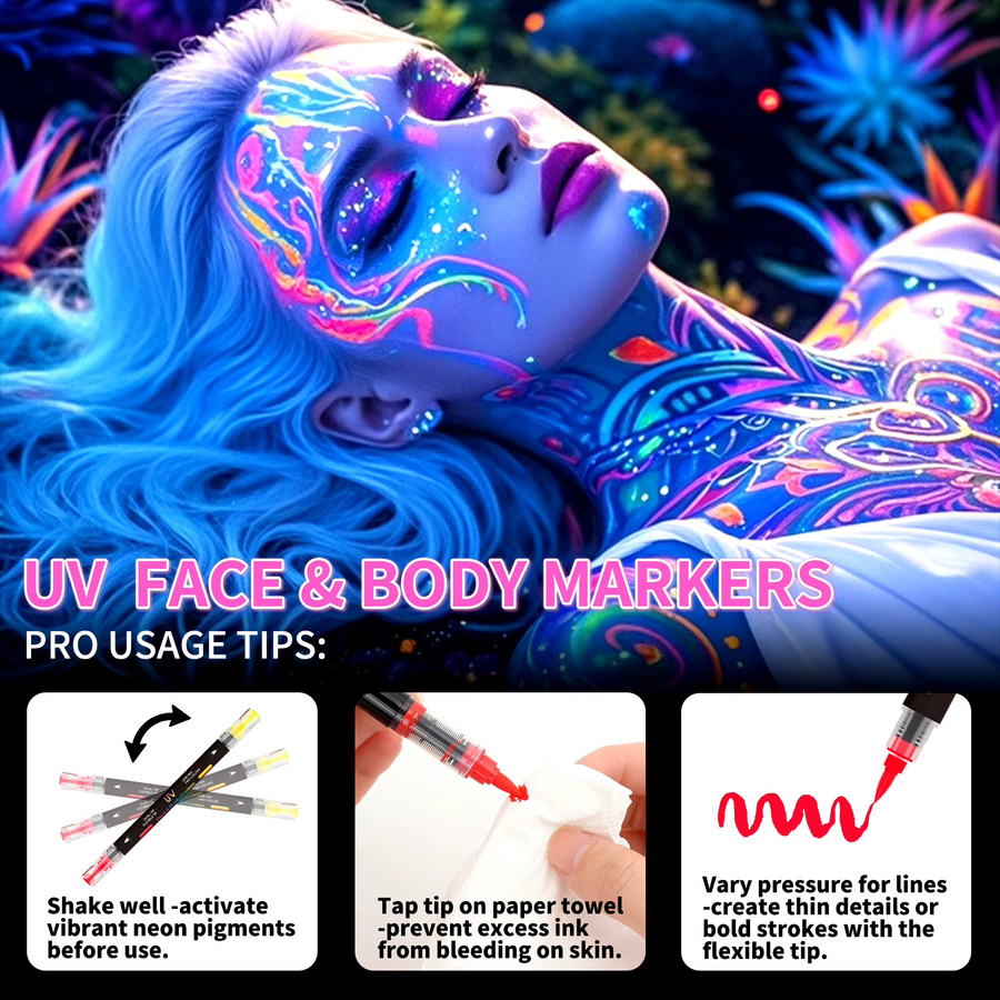8er-Pack 16-farbige UV-Leuchtmarker in Multicolour, schnelltrocknende Neonfarbmarker mit Doppelspitzen für Graffiti und kreatives Zeichnen, abwaschbar und radierbar - Bild 5