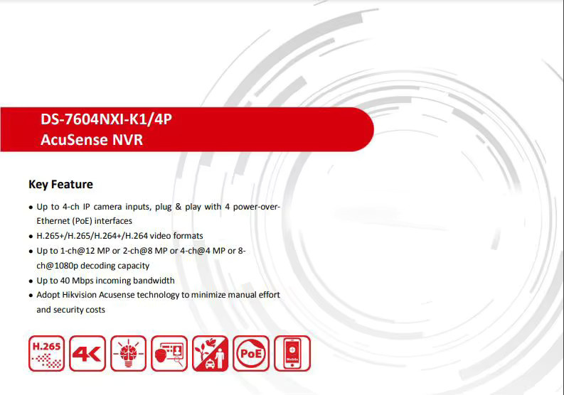 Hikvision DS-7604NXI-K1/4P AcuSense 4K NVR Netzwerk-Videorecorder mit 4 PoE Kanälen in Schwarz zur Erkennung von Menschen und Fahrzeugen - Bild 2