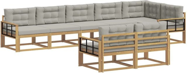 vidaXL Outdoor-Sofagarnitur 6-teilig in L-Form aus Akazienholz mit Polstern in Weiß und Grau - Bild 1