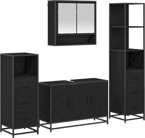 vidaXL Badezimmermöbel-Set 4-teilig in Schwarz und Eichen-Optik aus Holzwerkstoff mit Spiegelschrank, Waschbeckenunterschrank, niedrigem Badschrank und hohem Badschrank