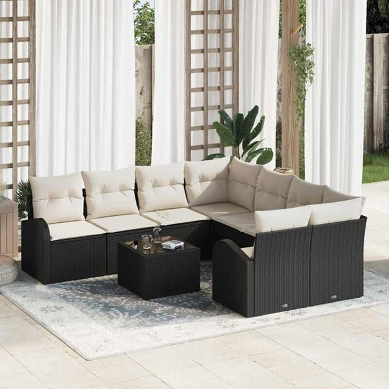 vidaXL Garten-Sofa-Set aus Polyrattan mit 9-teiligem Kissen-Set in Schwarz und Creme, B/T/H: 55 x 55 x 37 cm - Bild 1