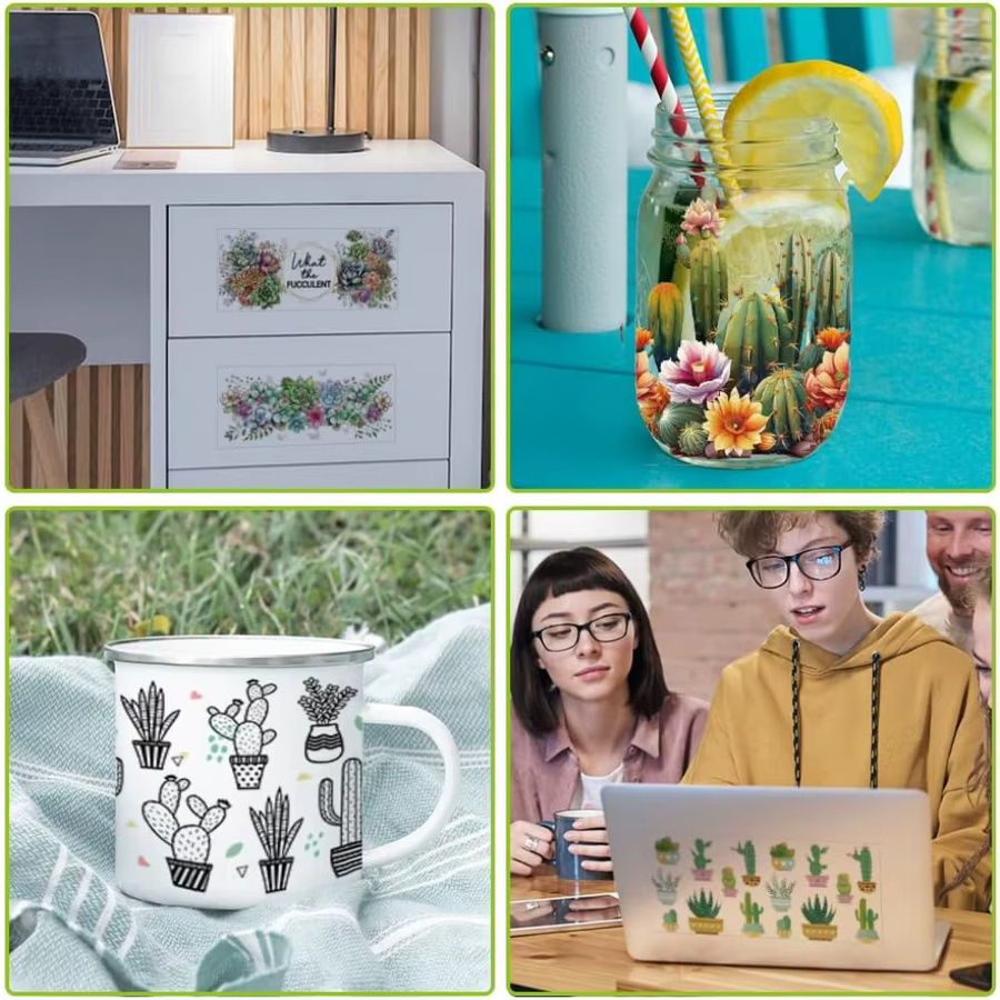 10 Blatt UV DTF Cup Wrap Aufkleber mit Wüstenpflanzen-Motiv, Cactus Succulent Aloe Muster, wasserfeste PVC-Transferaufkleber in Multicolour - Bild 3
