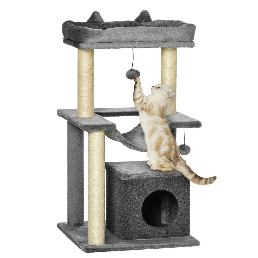 PawHut Kratzbaum für Katzen in Grau mit Hängematte, Höhle und Spielzeug, B/T/H: 48 x 48 x 90 cm - Bild 2