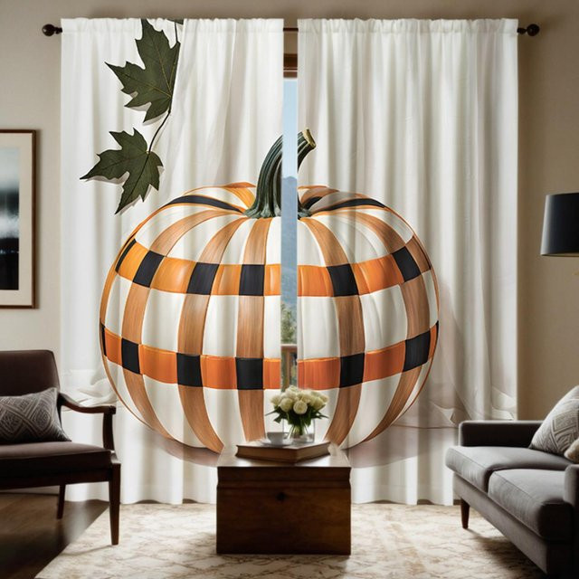 2er-Set Halloween Bindevorhang mit kariertem Kürbis-Print, Weiß und Grau, B: 132 cm, H: 160 cm - Bild 1