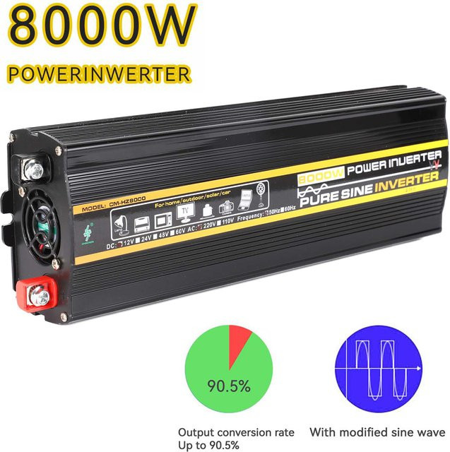 DWiusty 8000W Sinuswellen-Wechselrichter 12V zu 220V/230V Transformator mit USB-Anschlüssen und LED-Anzeige in Schwarz - Bild 1