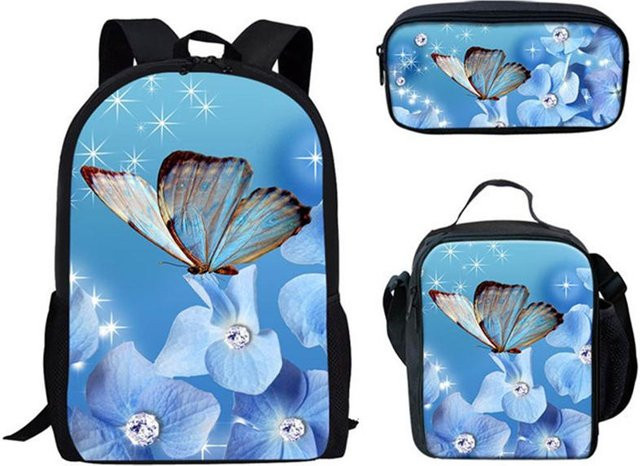 Schulranzen-Set für Mädchen mit 3D-Schmetterlings-Design in Dunkelgrau und Blau inklusive Laptop-Rucksack, Brotdose und Federmäppchen - Bild 1