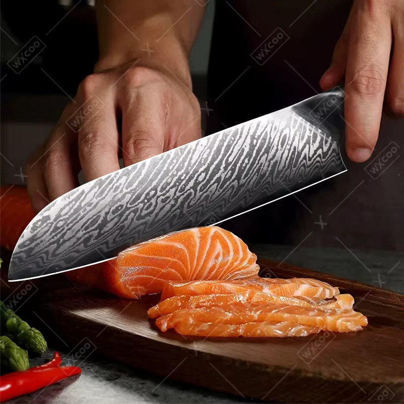 WXCOO Professionelles Santokumesser aus Damaststahl in Silber mit Holzgriff - Bild 5