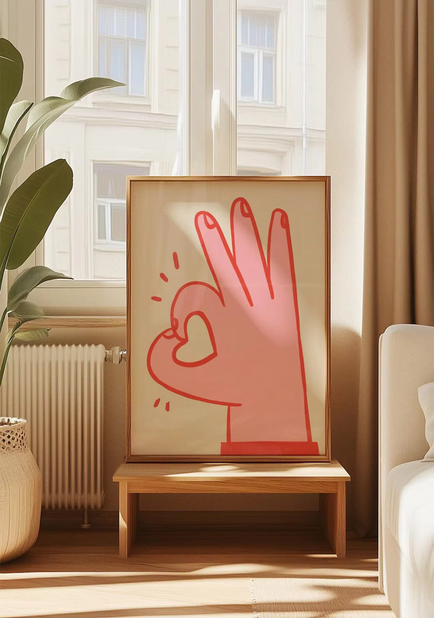 Minimalistischer Wandposter von SHENCHEN mit rosa OK-Hand-Linienkunst und Herz-Motiv in abstrakter Gestaltung - Bild 2