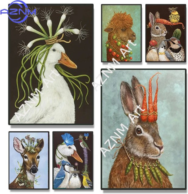 Potdemiel Abstraktes Tier-Wandposter mit Kaninchen, Vogel, Ente und Schaf, Mehrfarbiges rahmenloses Papierposter für dein Wohnzimmer oder Schlafzimmer - Bild 1