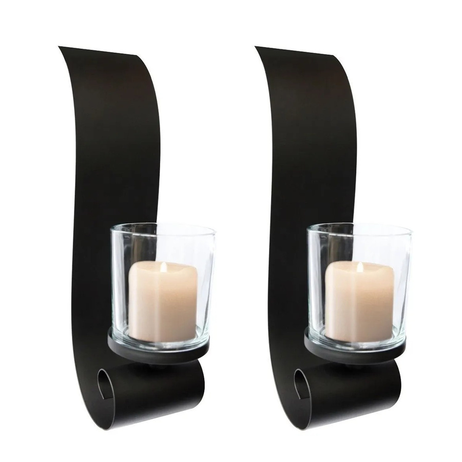 Lex 2er Set Wandkerzenhalter aus Metall und Glas in Schwarz für Stumpenkerzen oder Tealights - Bild 2