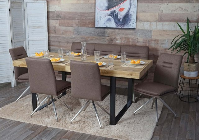 MCW Esszimmer-Set H70 in Braun mit Stoffbezug und Edelstahlgestell, Breite: 160 cm - Bild 1