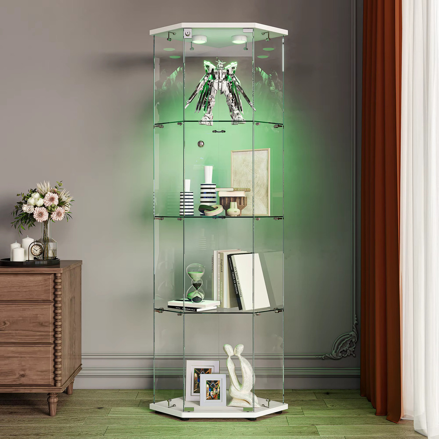 Comanlai Eck-Glasvitrine in Weiß mit 4 Regalen, Glastür und Schloss sowie Holzsockel - Bild 2