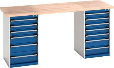 Bott Werkbank Cubio mit Buchenholz-Arbeitsplatte und 13 abschließbaren Schubladen, Stahlgestell und Stahlkorpus, Farbe: lichtgrau/enzianblau, B/T/H: 200 x 75 x 94 cm - Bild 1