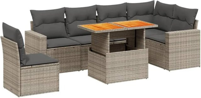 vidaXL 7-teilige Garten-Sofagarnitur in L-Form aus Polyrattan und Akazienholz in Grau mit Kissen - Bild 1