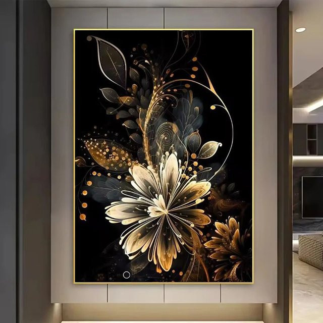 YOGOTOP Diamantmalerei DIY Set mit Blumen und Schmetterling in Schwarz und Gold, modernes Mosaik mit Rose und Strass für die Wandgestaltung - Bild 1