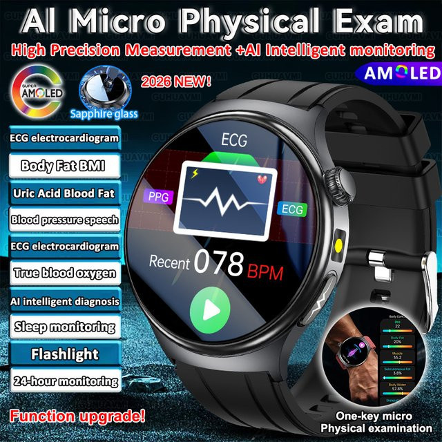GUHUAVMI Smartwatch mit Körperfettanalyse, EKG, PPG, Blutdruck- und Blutsauerstoffmessung sowie Anruffunktion, Saphirglas-Display, Unisex, Schwarz oder Beige - Bild 1