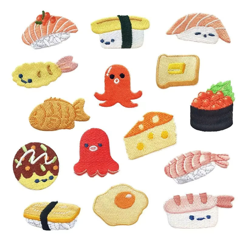 OLOEY Aufnäher Sushi Lachs und pochiertes Ei zum Aufbügeln, mehrfarbige Stickerei-Applikation als Stoff-Abzeichen für DIY-Projekte und Bekleidungszubehör - Bild 3