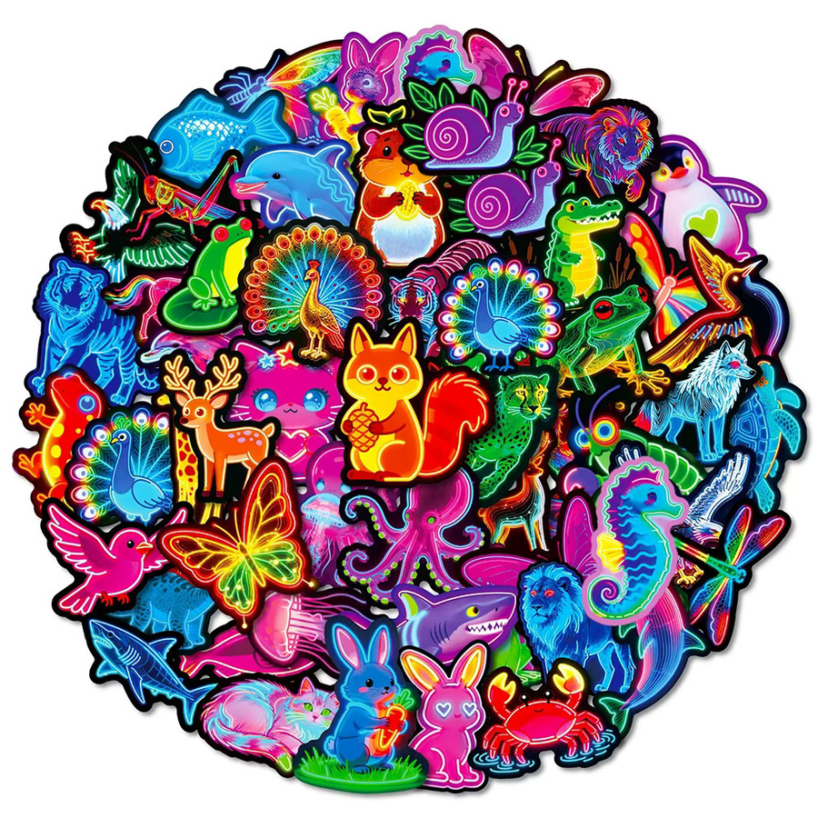 Rspctou Cartoon Neon Tier Aufkleber Set in Bunt mit Katze, Kaninchen und Eichhörnchen zur Dekoration von Telefon, Koffer und Sammelalben, 56 Stück - Bild 2