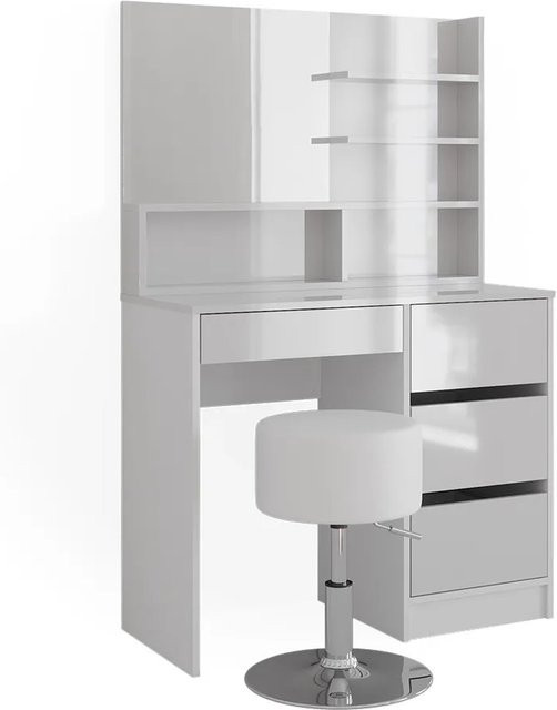 Vicco Schminktisch Sherry Weiß Hochglanz mit Spiegel, Regal und Hocker, B: 90 cm, H: 75 cm - Bild 2
