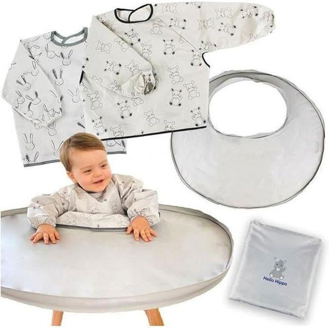 Hello Hippo Set aus 2 wasserdichten Baby-Lätzchen und einem Beikost-Tablett in Grau und Weiß mit Muster für den Hochstuhl - Bild 1