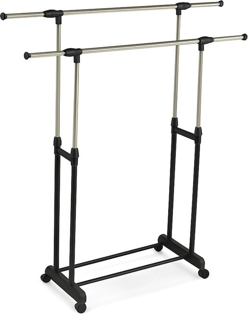 Relaxdays Kleiderständer mit 2 Stangen aus Edelstahl in Silber, höhenverstellbar, breitenverstellbar und rollbar, B/T/H: 141 x 42 x 85 cm - Bild 1